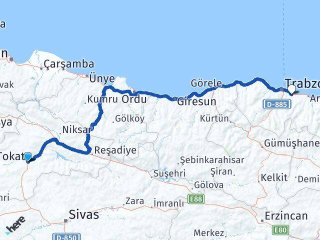 Tokat Yomra Trabzon Arası Kaç Km - Yol Haritası