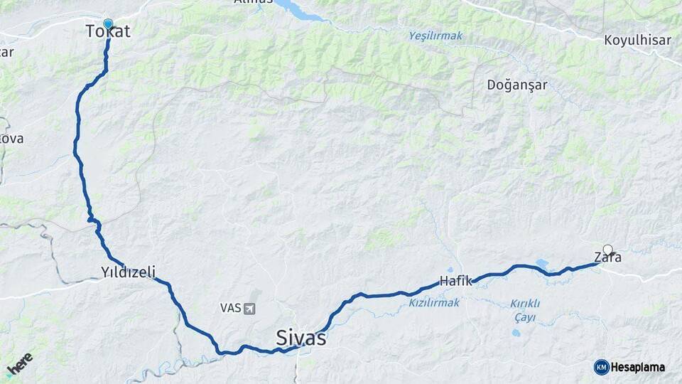 Tokat Zara Sivas Arası Kaç Km - Yol Haritası