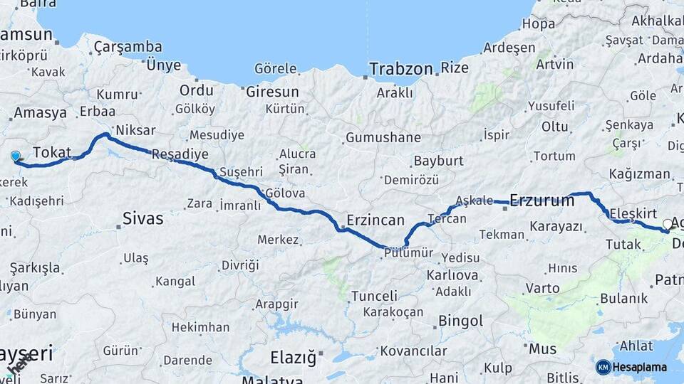 Tokat Zile Ağrı Arası Kaç Km - Yol Haritası