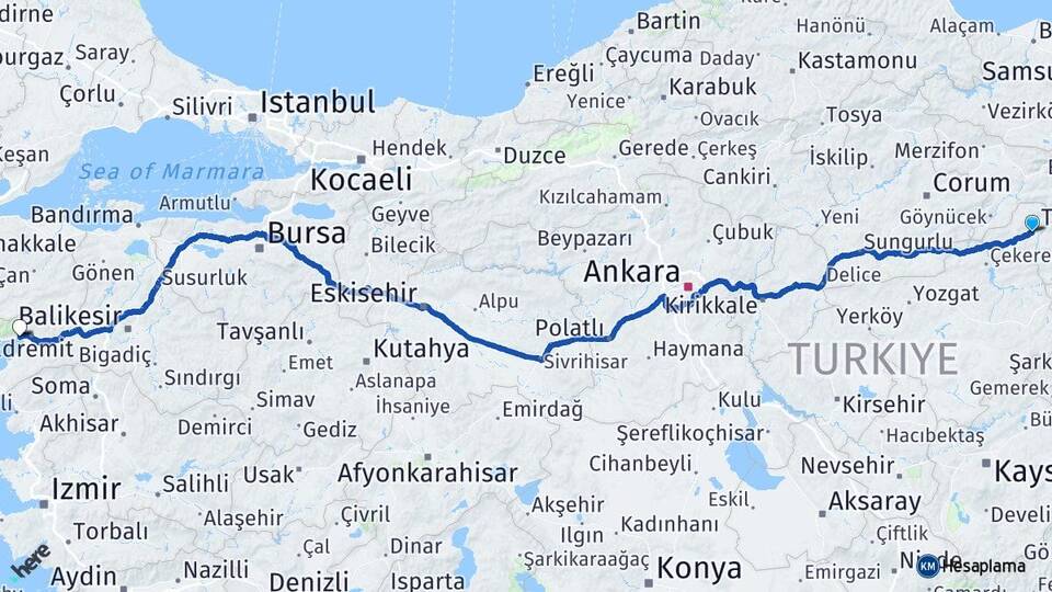 Tokat Zile Akçay Edremit Balıkesir Arası Kaç Km - Yol Haritası