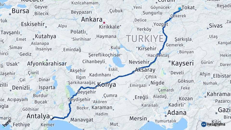 Tokat Zile Antalya Arası Kaç Km - Yol Haritası