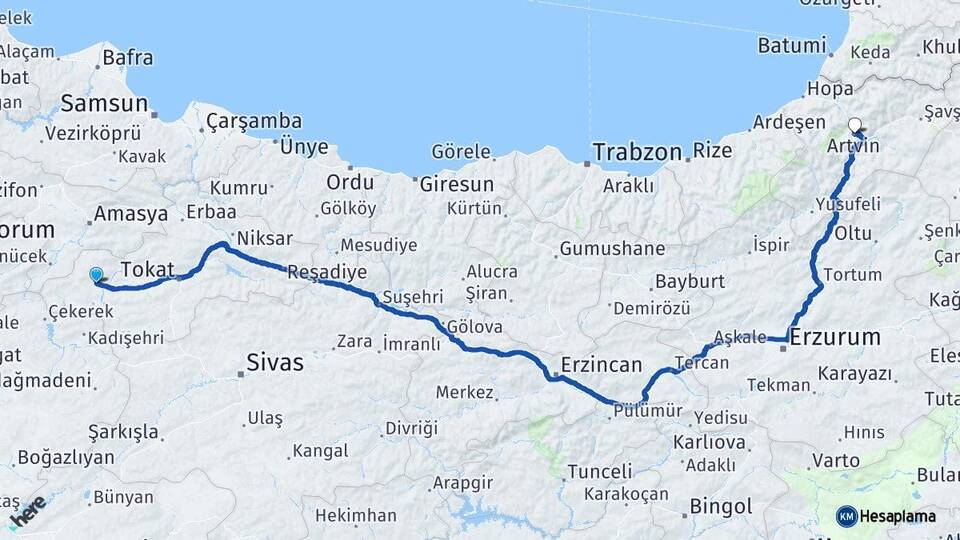 Tokat Zile Artvin Arası Kaç Km - Yol Haritası