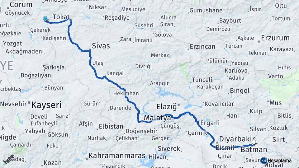 Tokat Zile Batman Arası Kaç Km - Yol Haritası