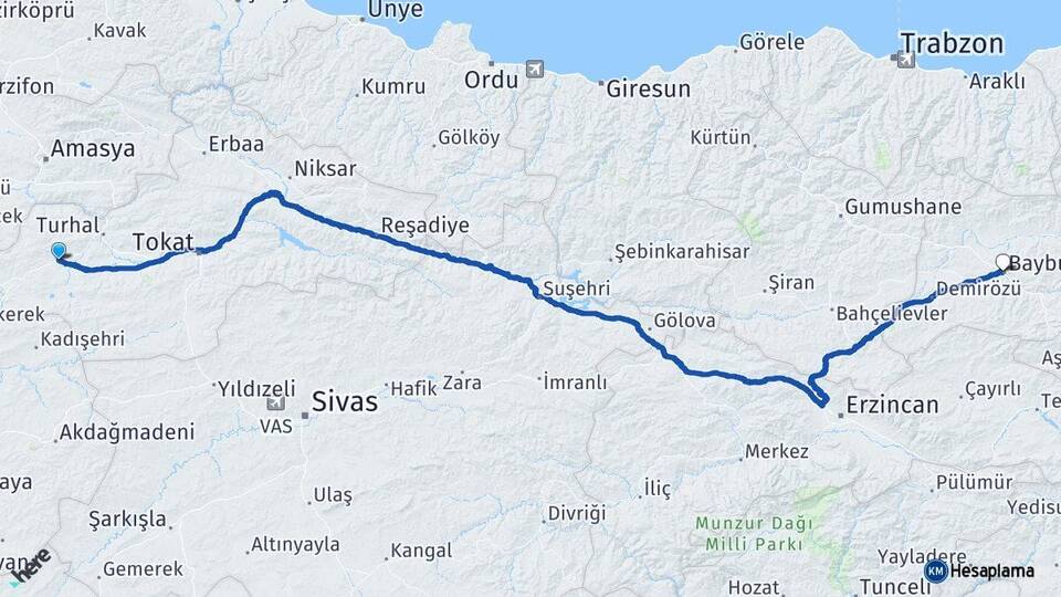 Tokat Zile Bayburt Arası Kaç Km - Yol Haritası