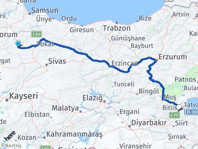 Tokat Zile Bitlis Arası Kaç Km - Yol Haritası