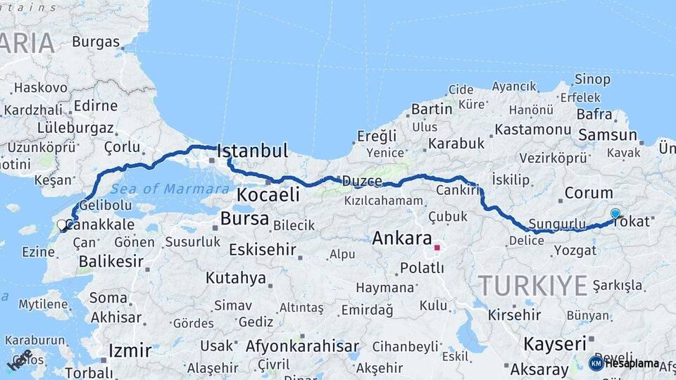 Tokat Zile Çanakkale Arası Kaç Km - Yol Haritası
