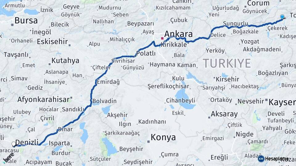 Tokat Zile Denizli Arası Kaç Km - Yol Haritası