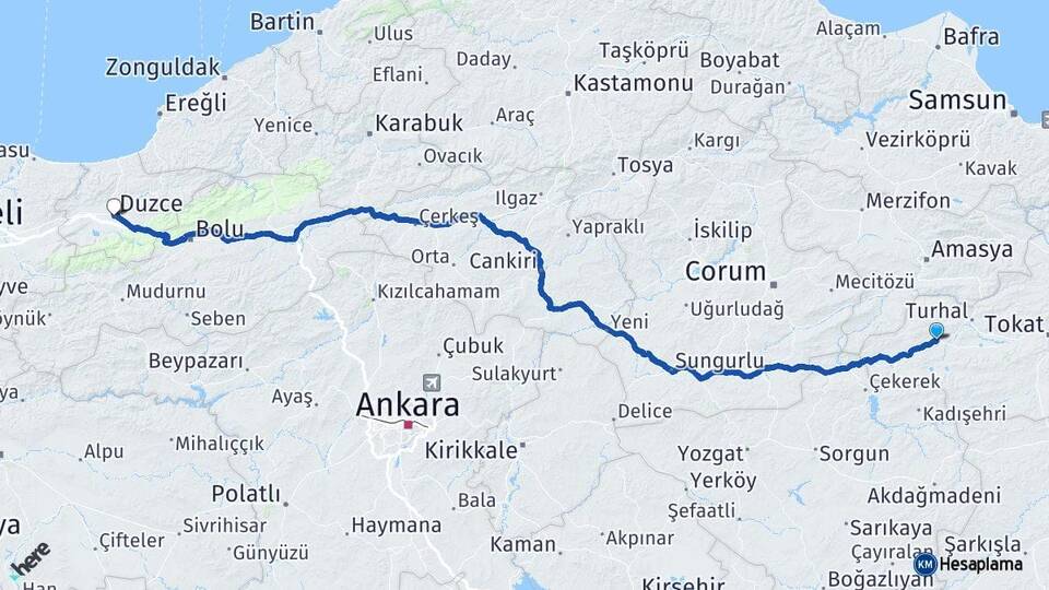 Tokat Zile Düzce Arası Kaç Km - Yol Haritası