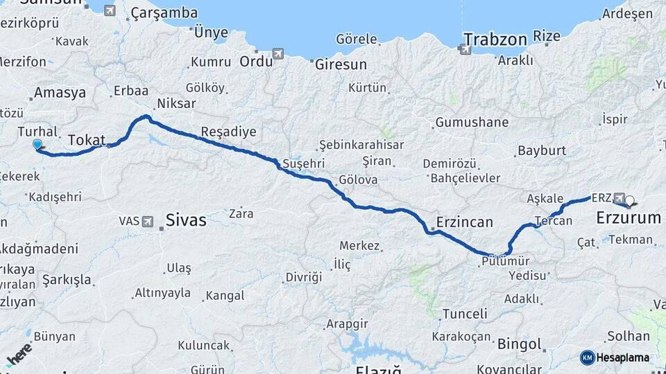 Tokat Zile Erzurum Arası Kaç Km - Yol Haritası