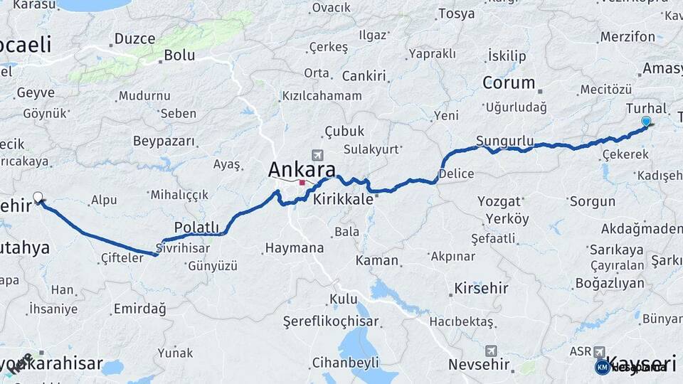 Tokat Zile Eskişehir Arası Kaç Km - Yol Haritası