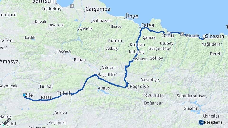 Tokat Zile Giresun Arası Kaç Km - Yol Haritası