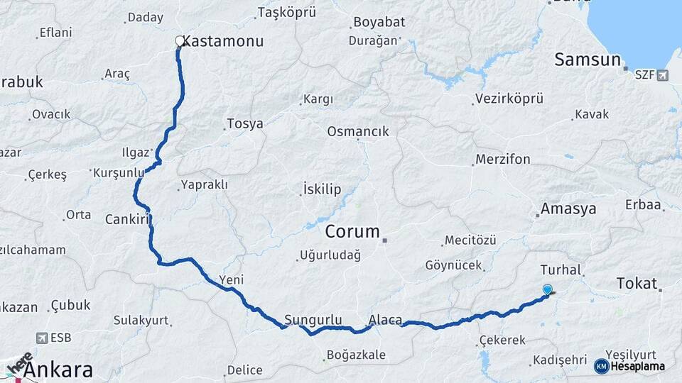 Tokat Zile Kastamonu Arası Kaç Km - Yol Haritası