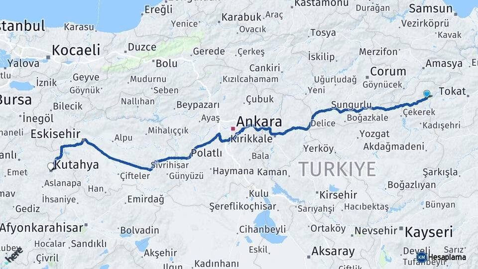 Tokat Zile Kütahya Arası Kaç Km - Yol Haritası