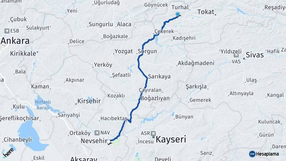 Tokat Zile Nevşehir Arası Kaç Km - Yol Haritası