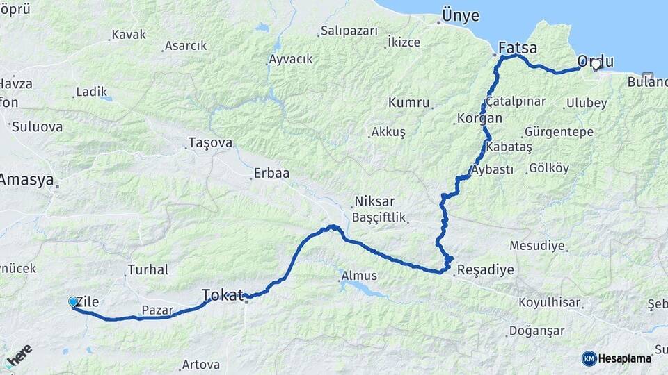 Tokat Zile Ordu Arası Kaç Km - Yol Haritası