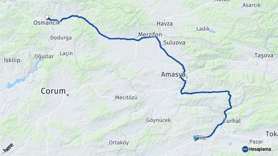 Tokat Zile Osmancık Çorum Arası Kaç Km - Yol Haritası