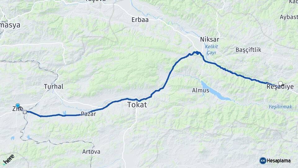 Tokat Zile Reşadiye Arası Kaç Km - Yol Haritası