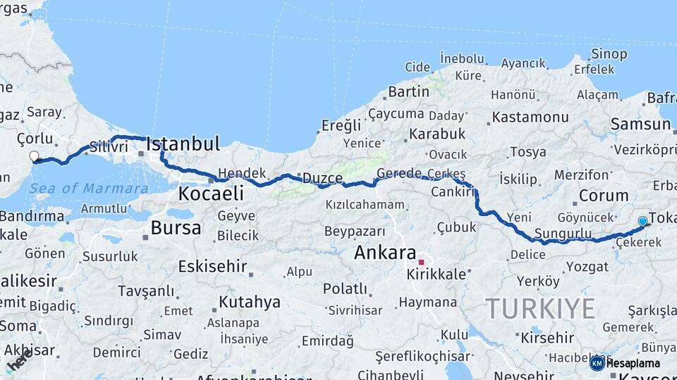 Tokat Zile Tekirdağ Arası Kaç Km - Yol Haritası