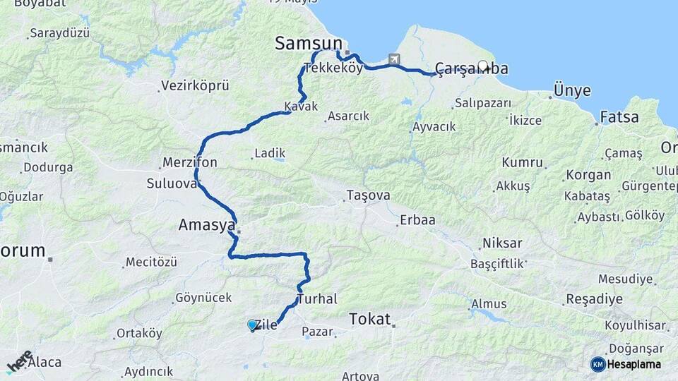 Tokat Zile Terme Samsun Arası Kaç Km - Yol Haritası