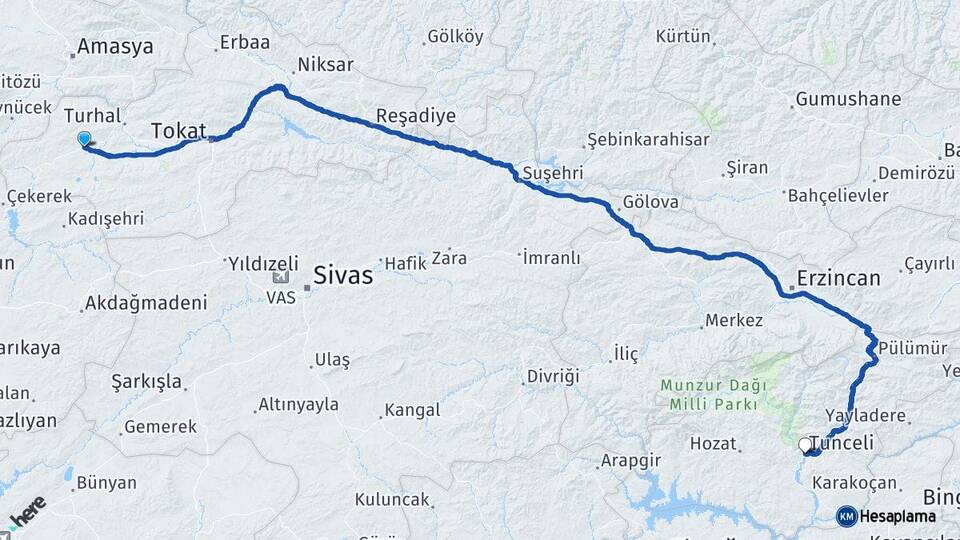 Tokat Zile Tunceli Arası Kaç Km - Yol Haritası
