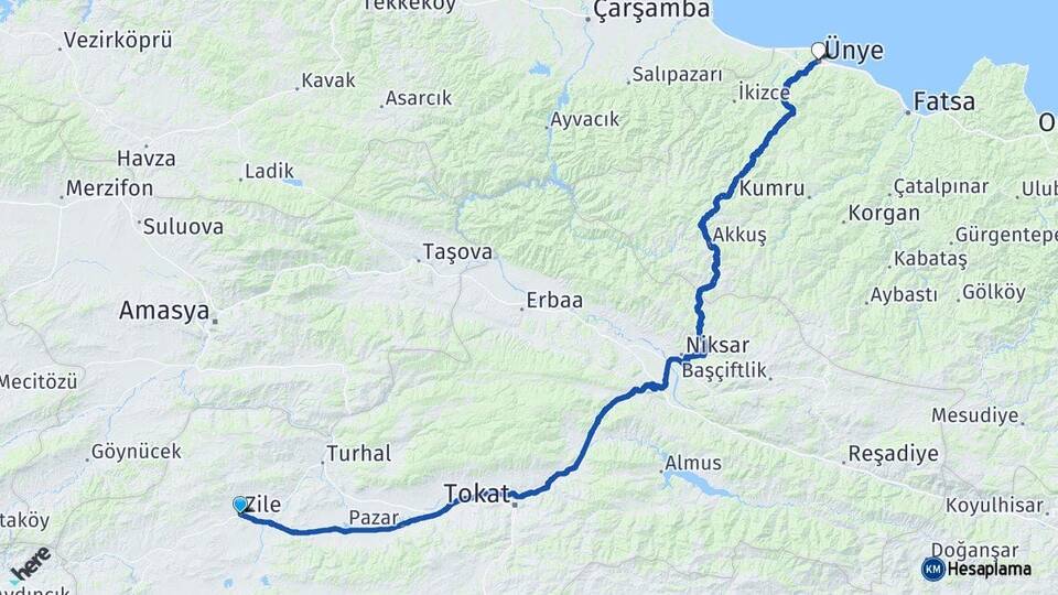 Tokat Zile Ünye Ordu Arası Kaç Km - Yol Haritası