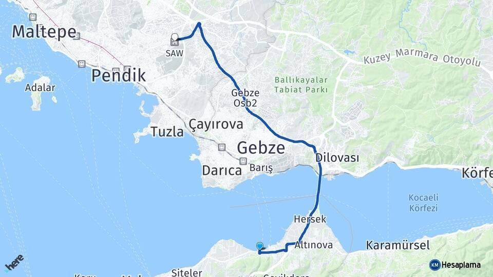 Topçular Feribot İskelesi Sabiha Gökçen Havalimanı Arası Kaç Km - Yol Tarifi
