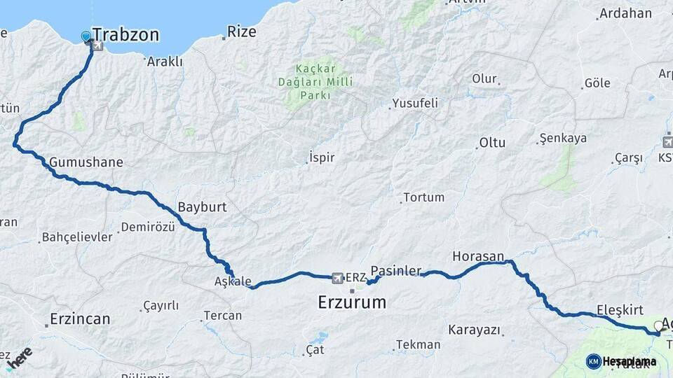 Trabzon Ağrı Arası Kaç Km - Yol Haritası