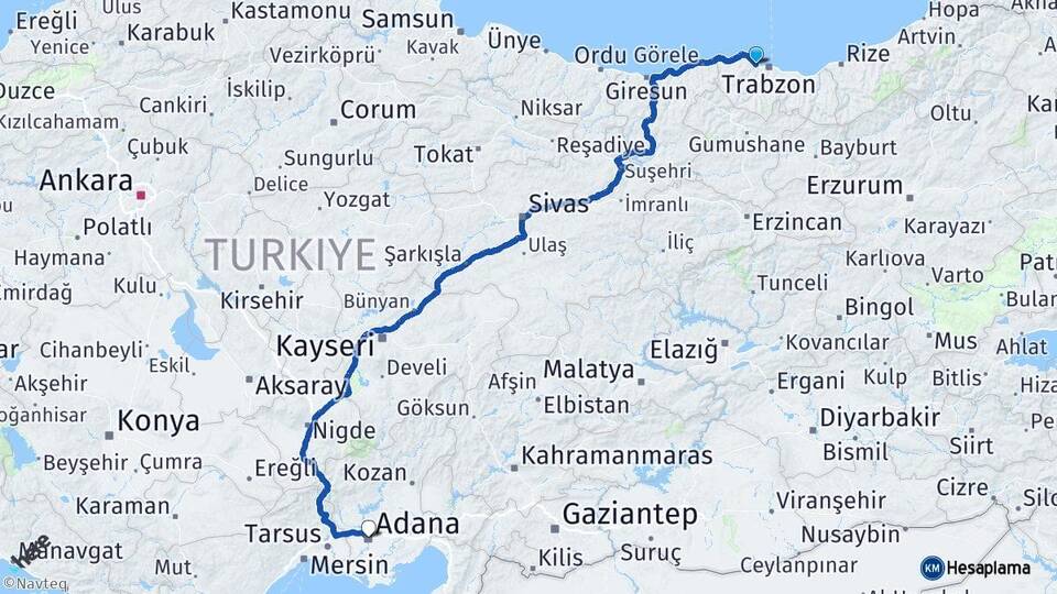 Trabzon Akçaabat Adana Arası Kaç Km - Yol Haritası