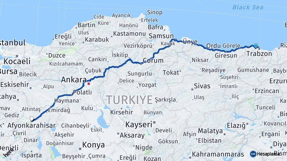 Trabzon Akçaabat Afyonkarahisar Arası Kaç Km - Yol Haritası