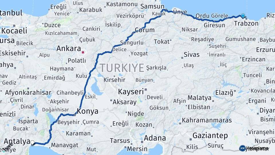 Trabzon Akçaabat Antalya Arası Kaç Km - Yol Haritası