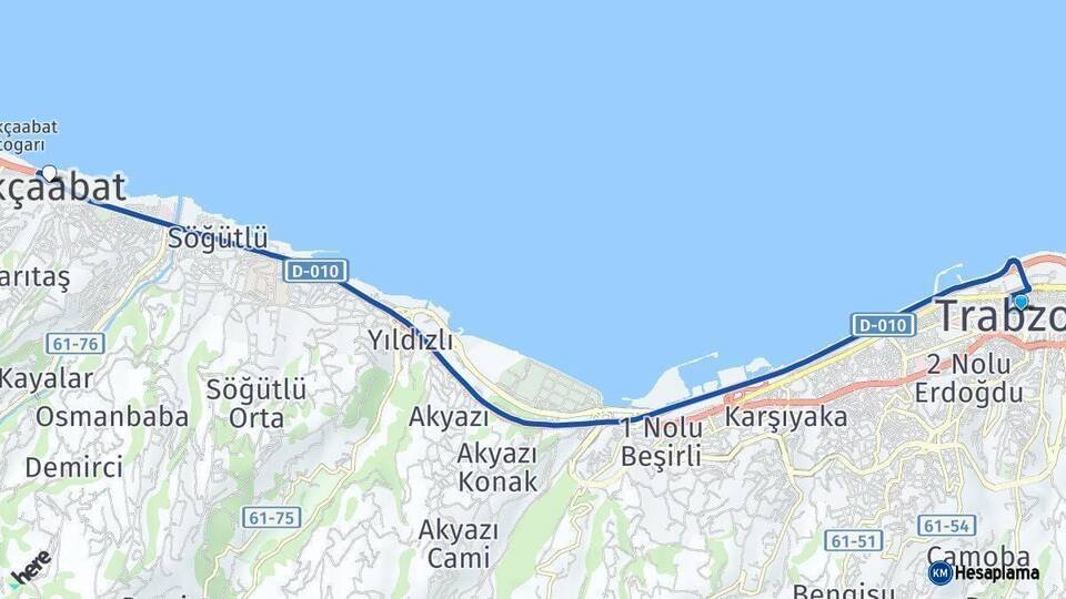 Trabzon Akçaabat Arası Kaç Km - Yol Haritası