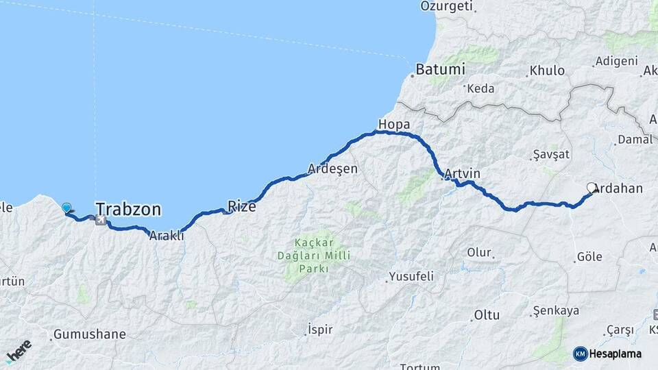 Trabzon Akçaabat Ardahan Arası Kaç Km - Yol Haritası