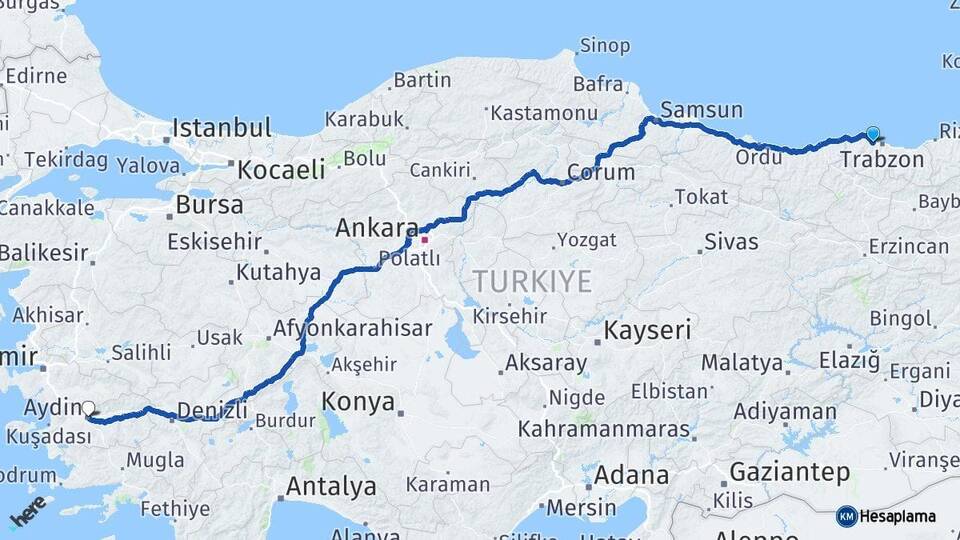Trabzon Akçaabat Aydın Arası Kaç Km - Yol Haritası