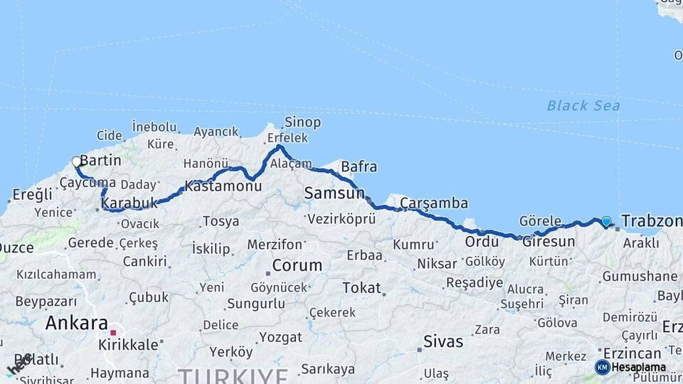 Trabzon Akçaabat Bartın Arası Kaç Km - Yol Haritası