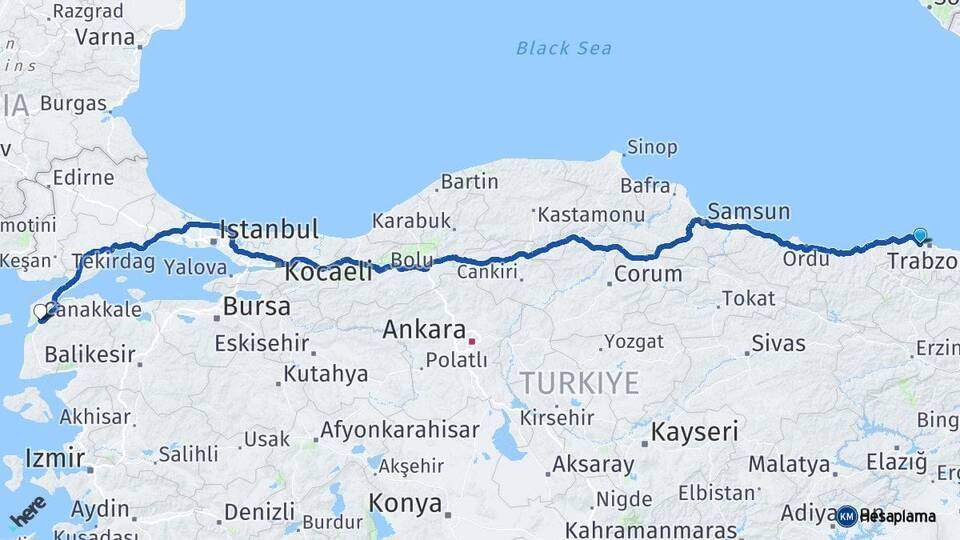 Akçaabat Çanakkale Arası Kaç Km - Yol Tarifi