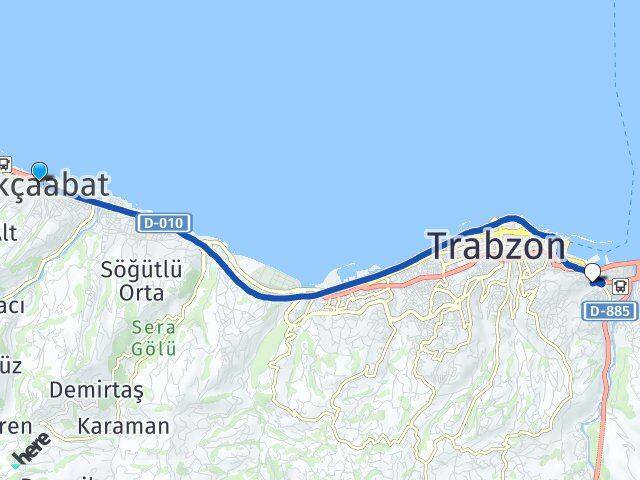 Trabzon Akçaabat Değirmendere Ortahisar Arası Kaç Km - Yol Haritası