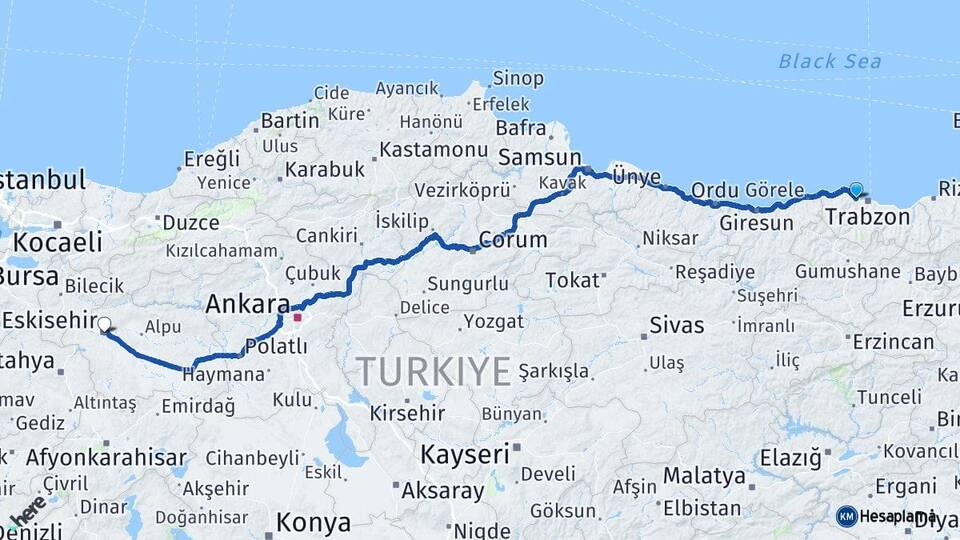 Trabzon Akçaabat Eskişehir Arası Kaç Km - Yol Haritası