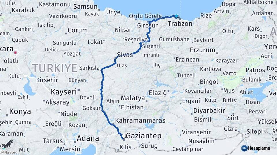 Trabzon Akçaabat Gaziantep Arası Kaç Km - Yol Haritası
