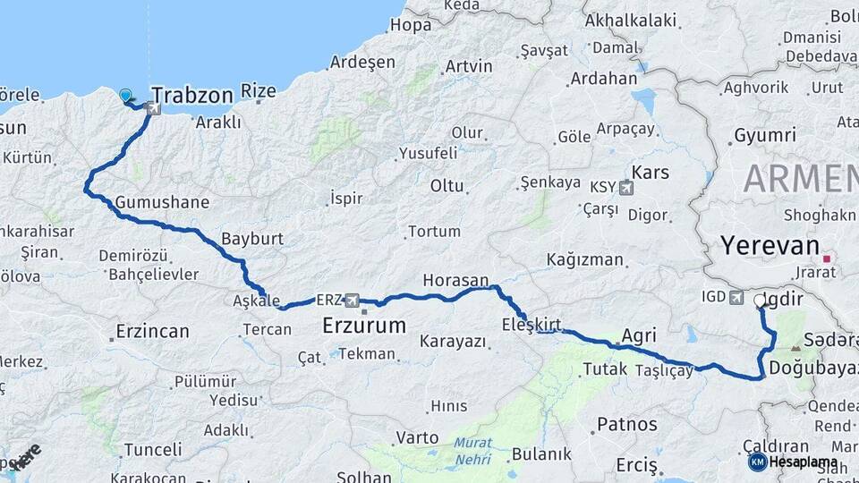 Trabzon Akçaabat Iğdır Arası Kaç Km - Yol Haritası