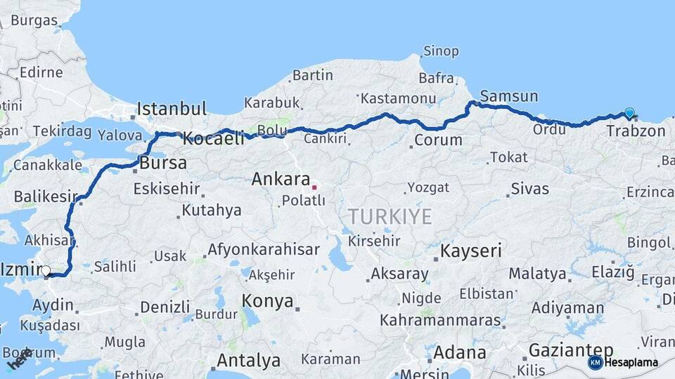 Trabzon Akçaabat İzmir Arası Kaç Km - Yol Haritası
