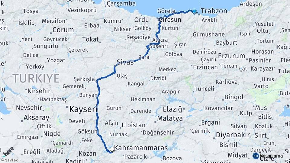 Trabzon Akçaabat Kahramanmaraş Arası Kaç Km - Yol Haritası
