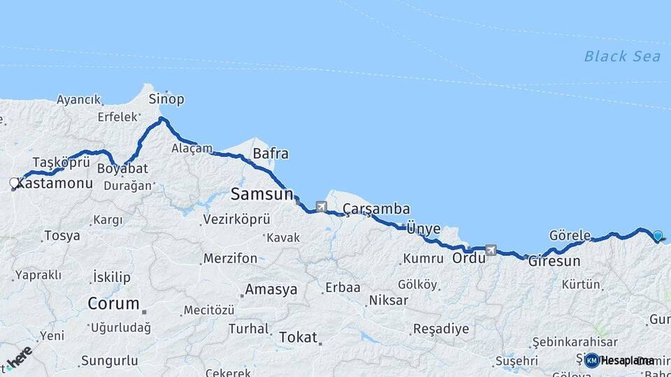 Trabzon Akçaabat Kastamonu Arası Kaç Km - Yol Haritası