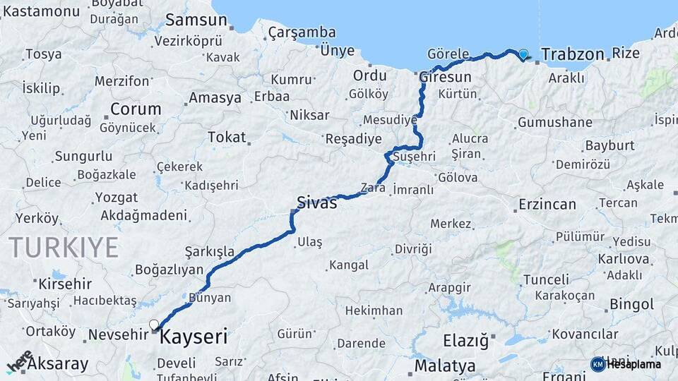 Trabzon Akçaabat Kayseri Arası Kaç Km - Yol Haritası