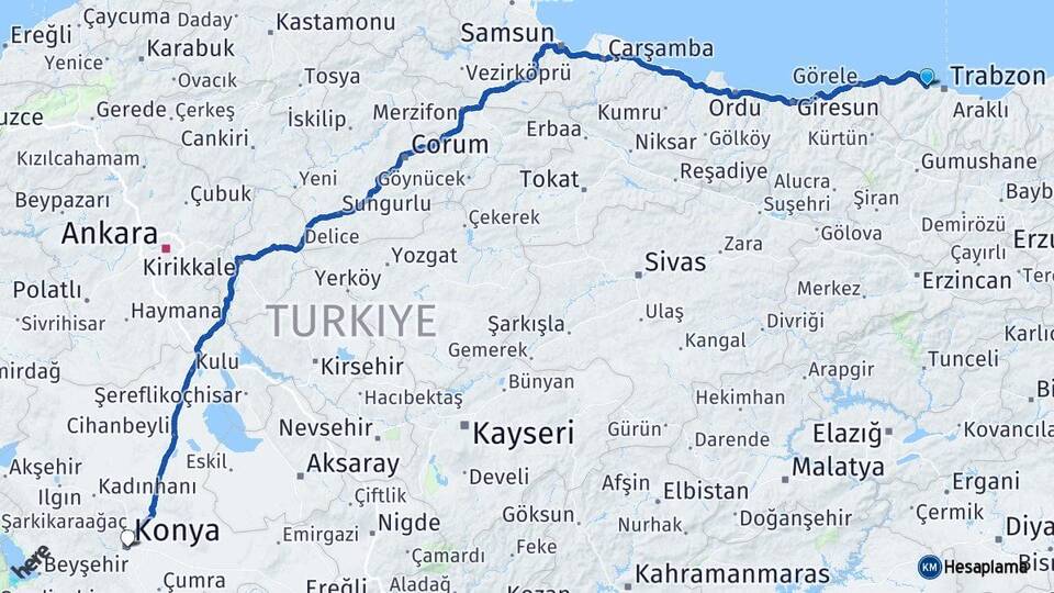 Trabzon Akçaabat Konya Arası Kaç Km - Yol Haritası