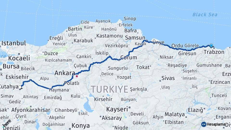 Trabzon Akçaabat Kütahya Arası Kaç Km - Yol Haritası