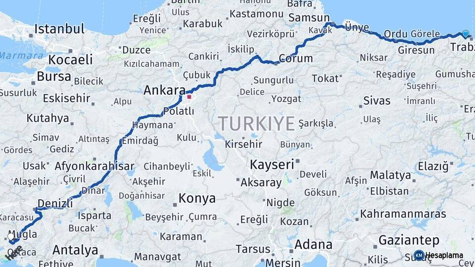 Trabzon Akçaabat Muğla Arası Kaç Km - Yol Haritası