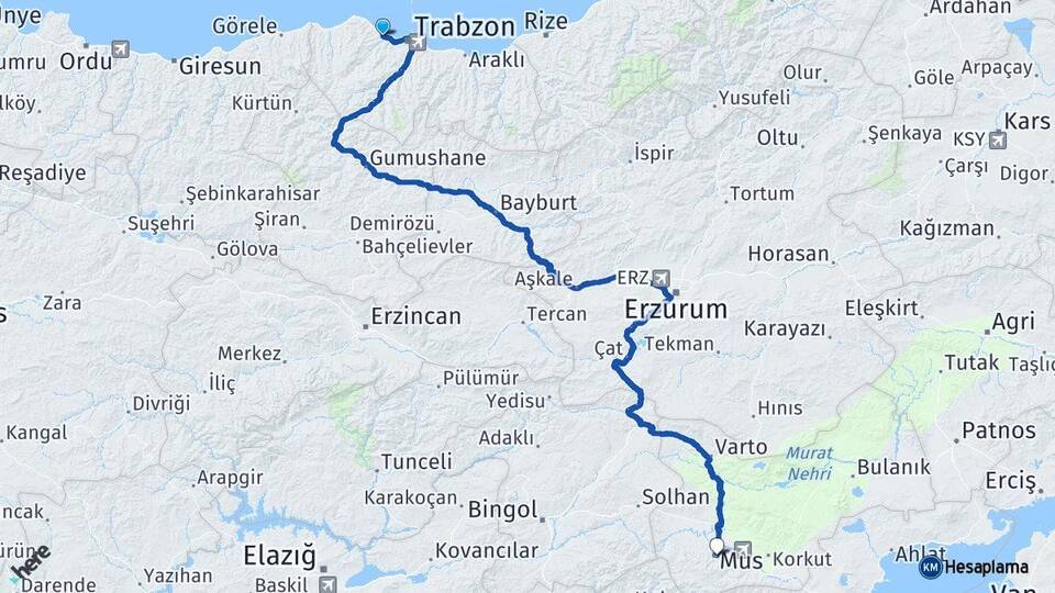 Trabzon Akçaabat Muş Arası Kaç Km - Yol Haritası