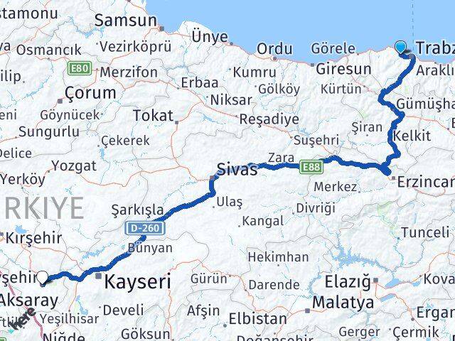 Trabzon Akçaabat Nevşehir Arası Kaç Km - Yol Haritası