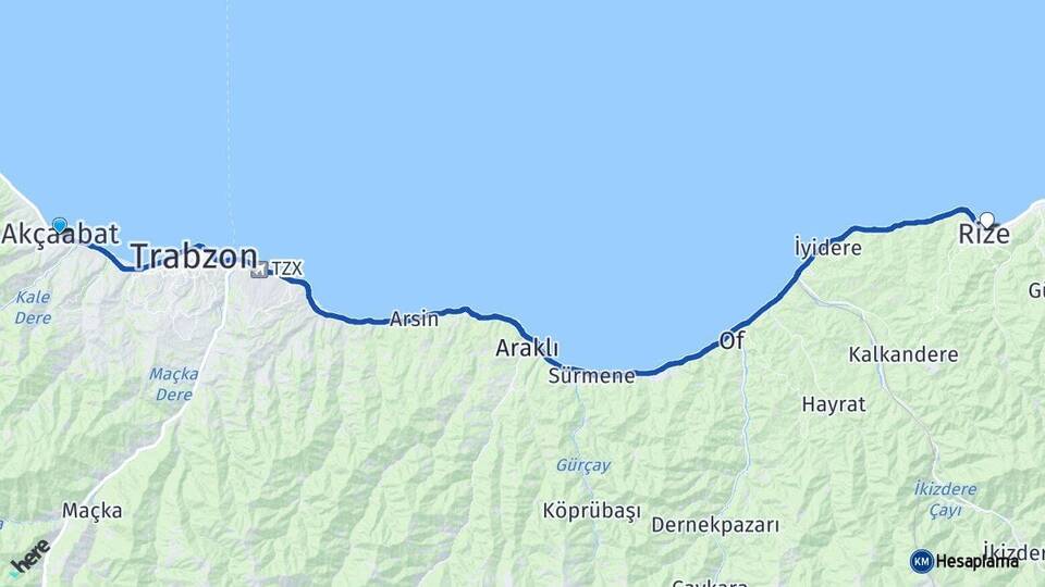 Trabzon Akçaabat Rize Arası Kaç Km - Yol Haritası