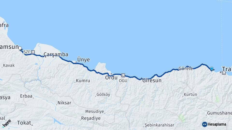 Trabzon Akçaabat Samsun Arası Kaç Km - Yol Haritası